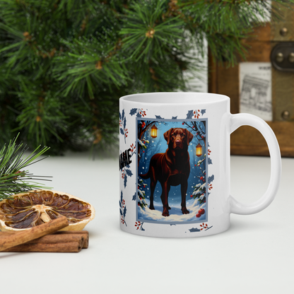 Labrador Retriever (Chocolate) Winter Mug - chocolate lab illustrated standing in a cozy winter setting with snowy details