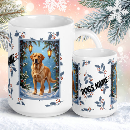 Labrador Retriever (Yellow) Winter Mug - yellow lab illustrated standing in a bright winter setting with snow
