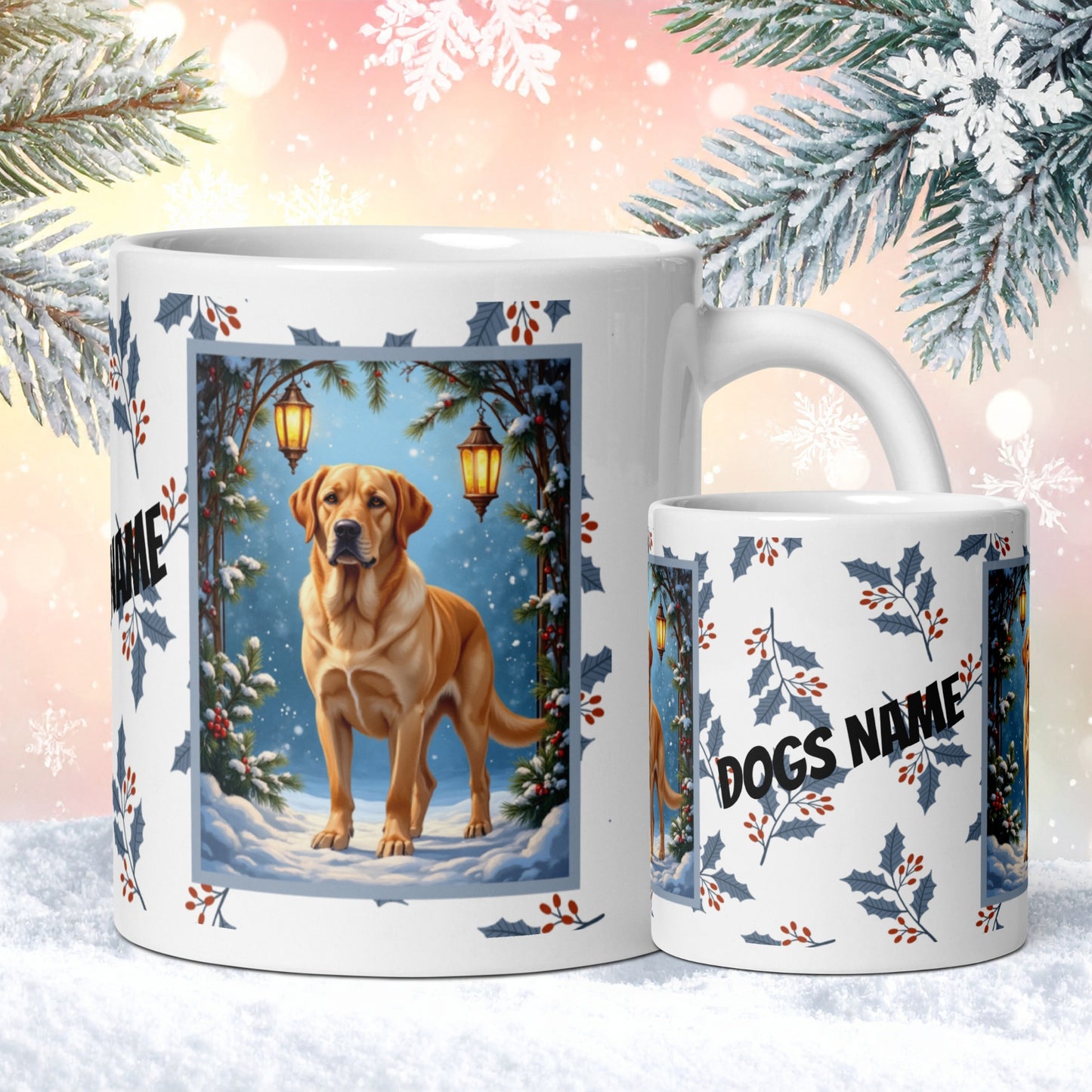 Labrador Retriever (Yellow) Winter Mug - yellow lab illustrated standing in a bright winter setting with snow