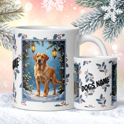 Labrador Retriever (Yellow) Winter Mug - yellow lab illustrated standing in a bright winter setting with snow