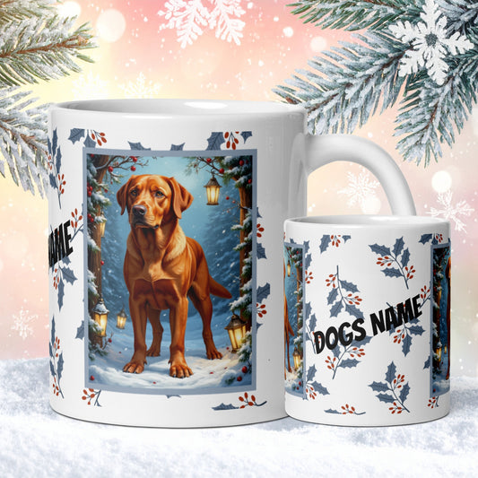 Labrador Retriever (Fox Red) Winter Mug - fox red labrador retriever artwork standing in a winter scene with pine trees