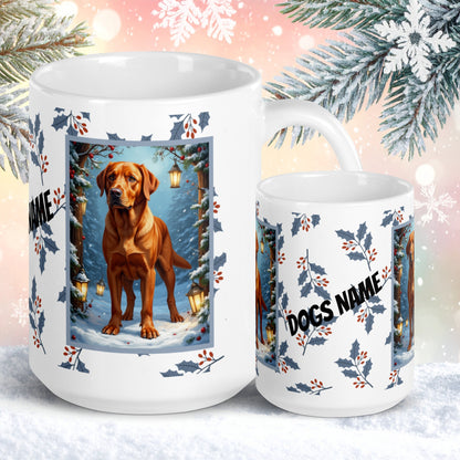 Labrador Retriever (Fox Red) Winter Mug - fox red labrador retriever artwork standing in a winter scene with pine trees
