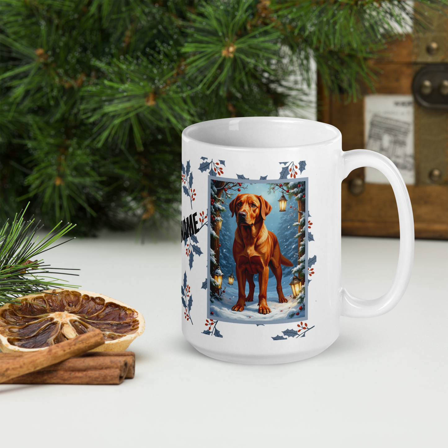 Labrador Retriever (Fox Red) Winter Mug - fox red labrador retriever artwork standing in a winter scene with pine trees