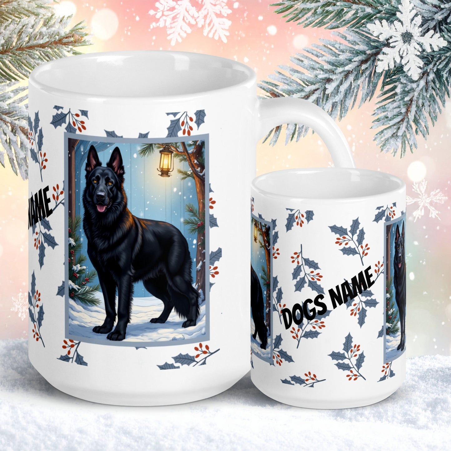 German Shepherd (Black) Winter Mug - black German Shepherd illustrated standing alert in a winter setting with snowy landscape