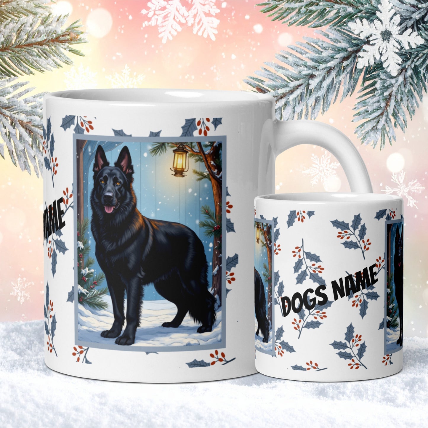German Shepherd (Black) Winter Mug - black German Shepherd illustrated standing alert in a winter setting with snowy landscape