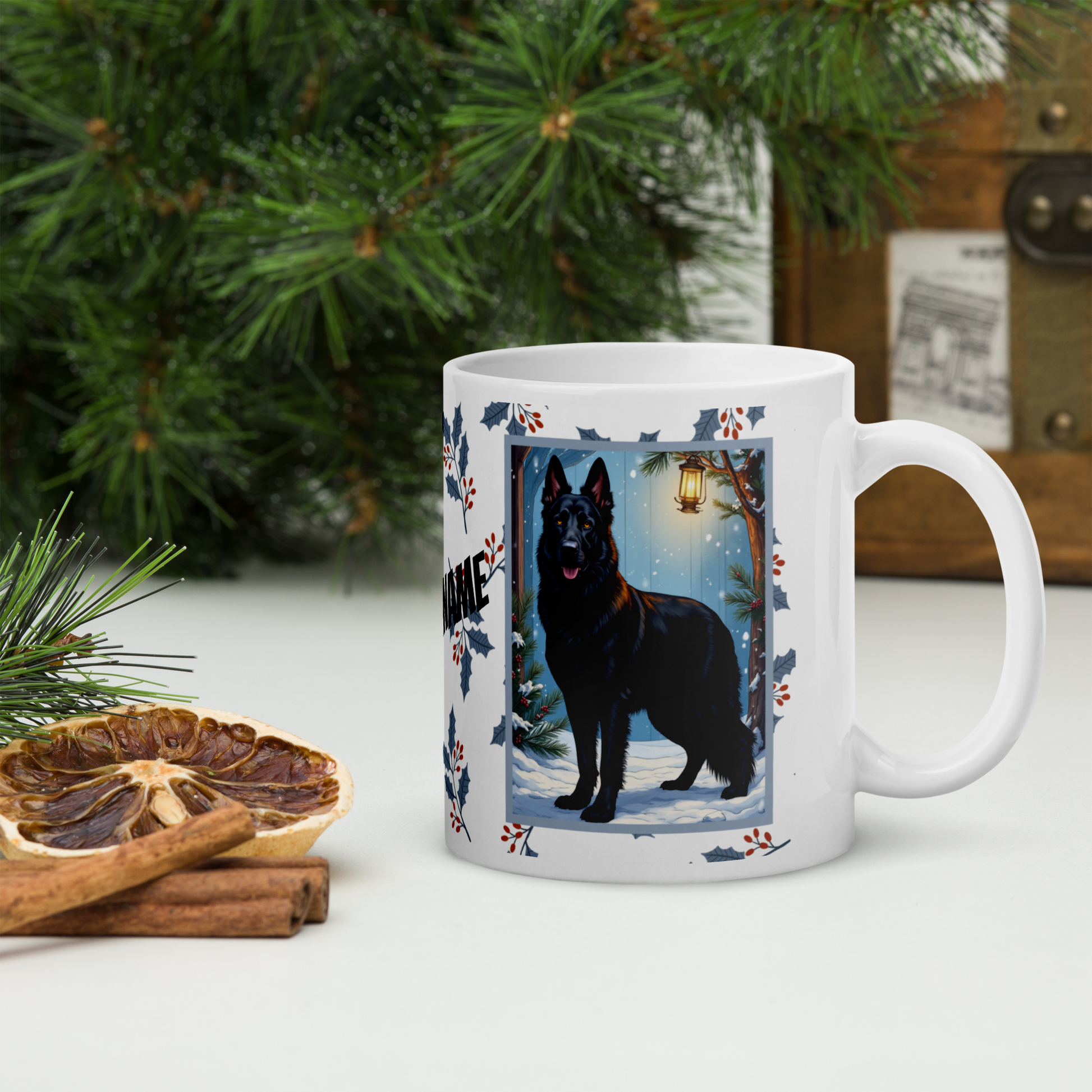 German Shepherd (Black) Winter Mug - black German Shepherd illustrated standing alert in a winter setting with snowy landscape