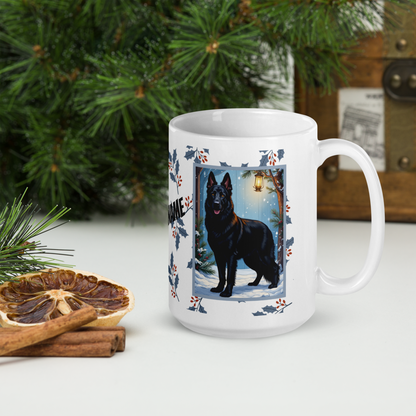 German Shepherd (Black) Winter Mug - black German Shepherd illustrated standing alert in a winter setting with snowy landscape