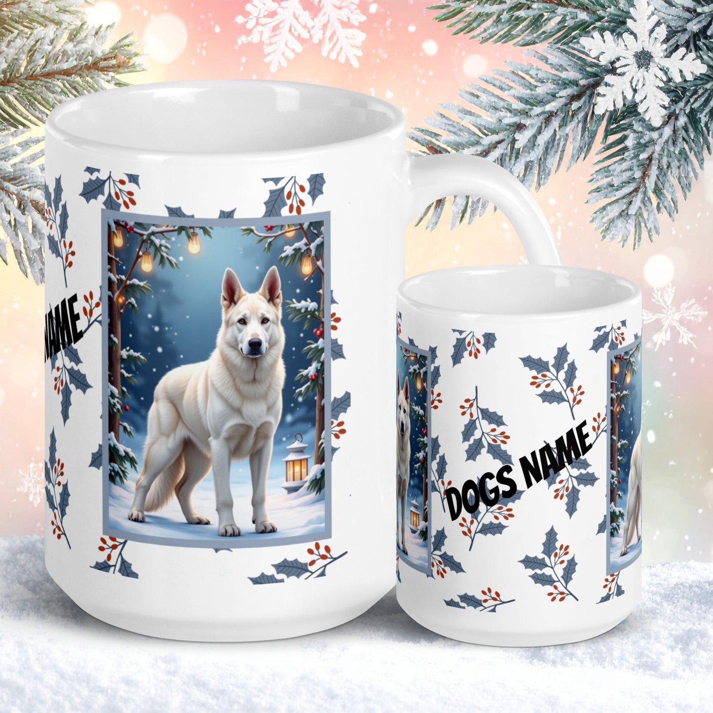 German Shepherd (White) Winter Mug - white German Shepherd artwork standing in a bright winter scene with snow-covered trees
