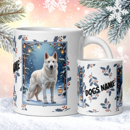 German Shepherd (White) Winter Mug - white German Shepherd artwork standing in a bright winter scene with snow-covered trees