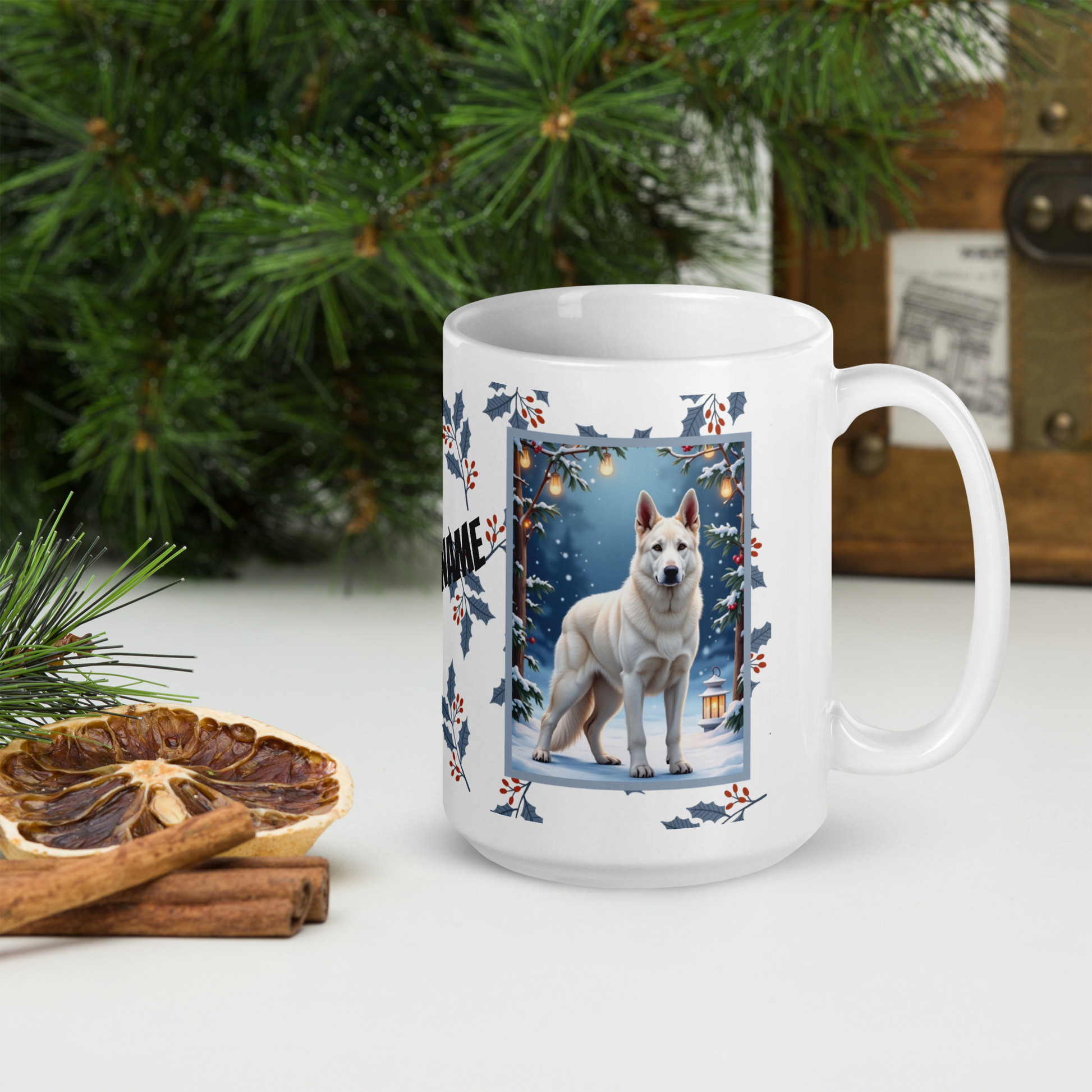 German Shepherd (White) Winter Mug - white German Shepherd artwork standing in a bright winter scene with snow-covered trees