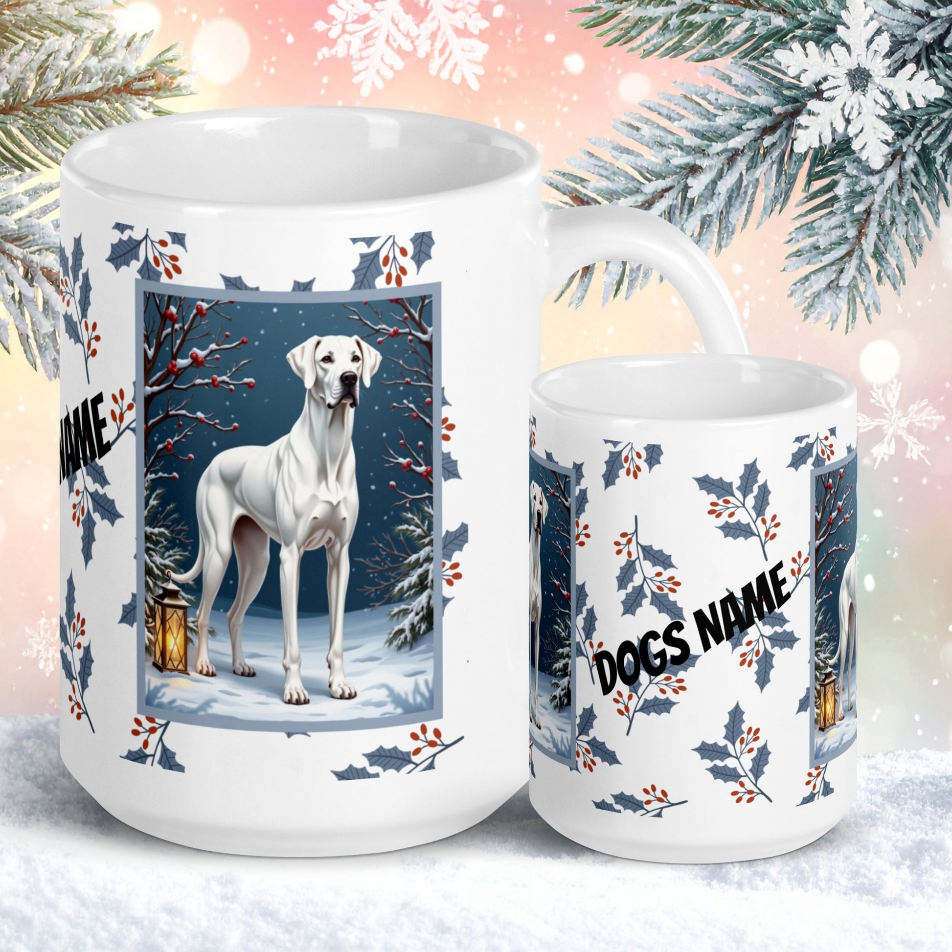 Great Dane (White) Winter Mug - white Great Dane illustrated standing in a bright winter setting with snow-covered ground