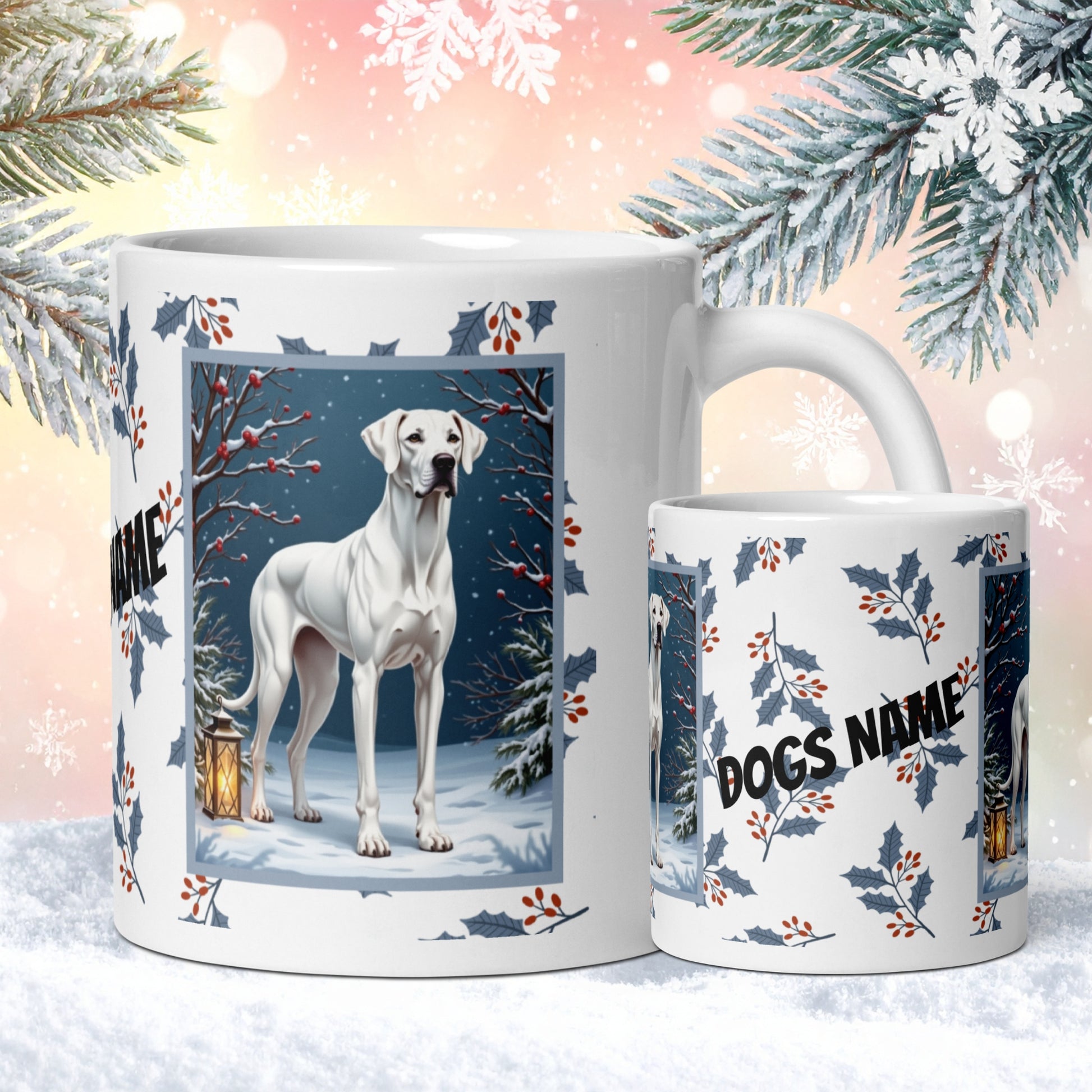 Great Dane (White) Winter Mug - white Great Dane illustrated standing in a bright winter setting with snow-covered ground