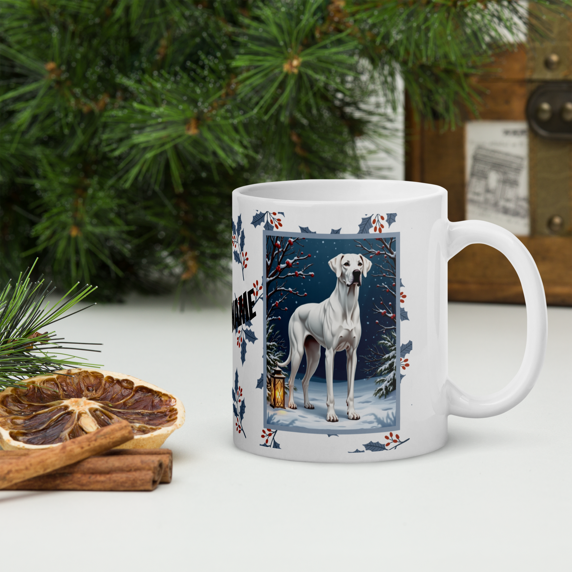Great Dane (White) Winter Mug - white Great Dane illustrated standing in a bright winter setting with snow-covered ground