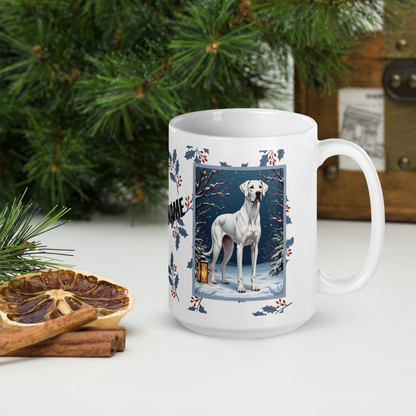 Great Dane (White) Winter Mug - white Great Dane illustrated standing in a bright winter setting with snow-covered ground