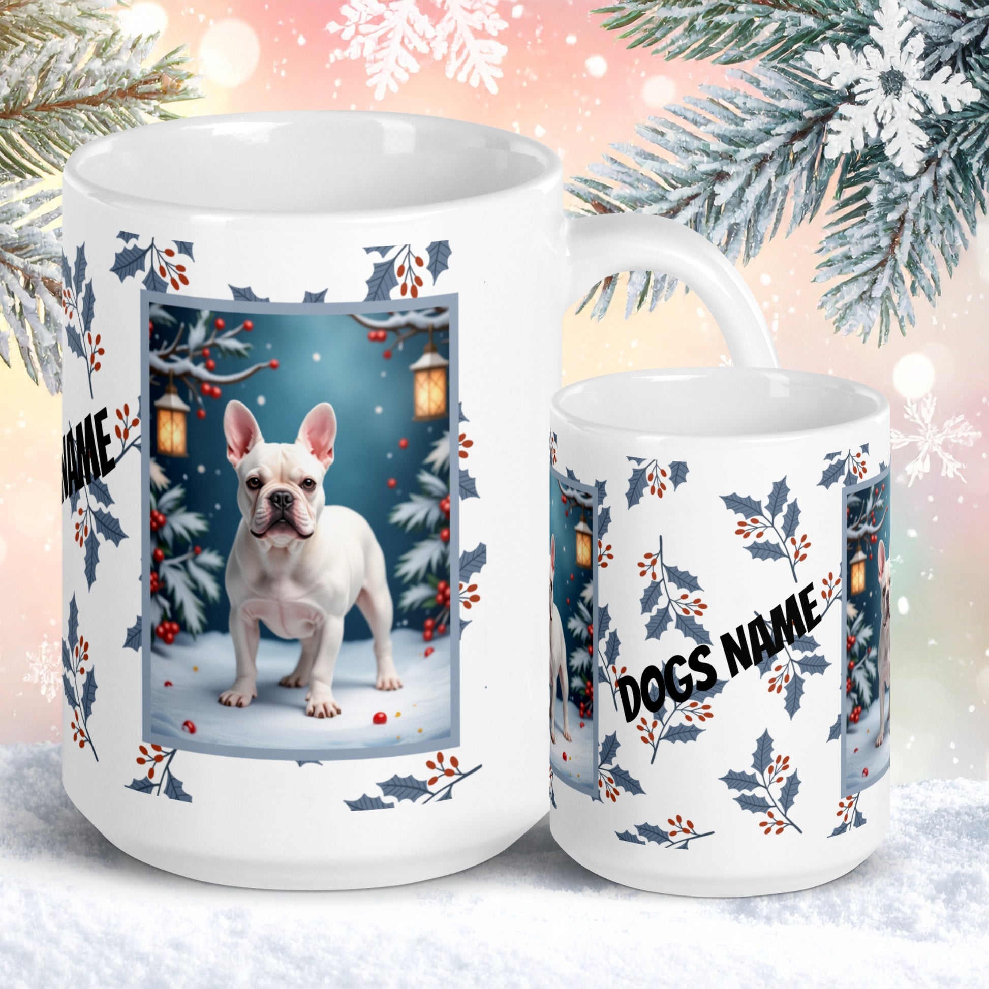 French Bulldog (White) Winter Mug - white French Bulldog illustrated standing in a crisp winter scene with soft snow