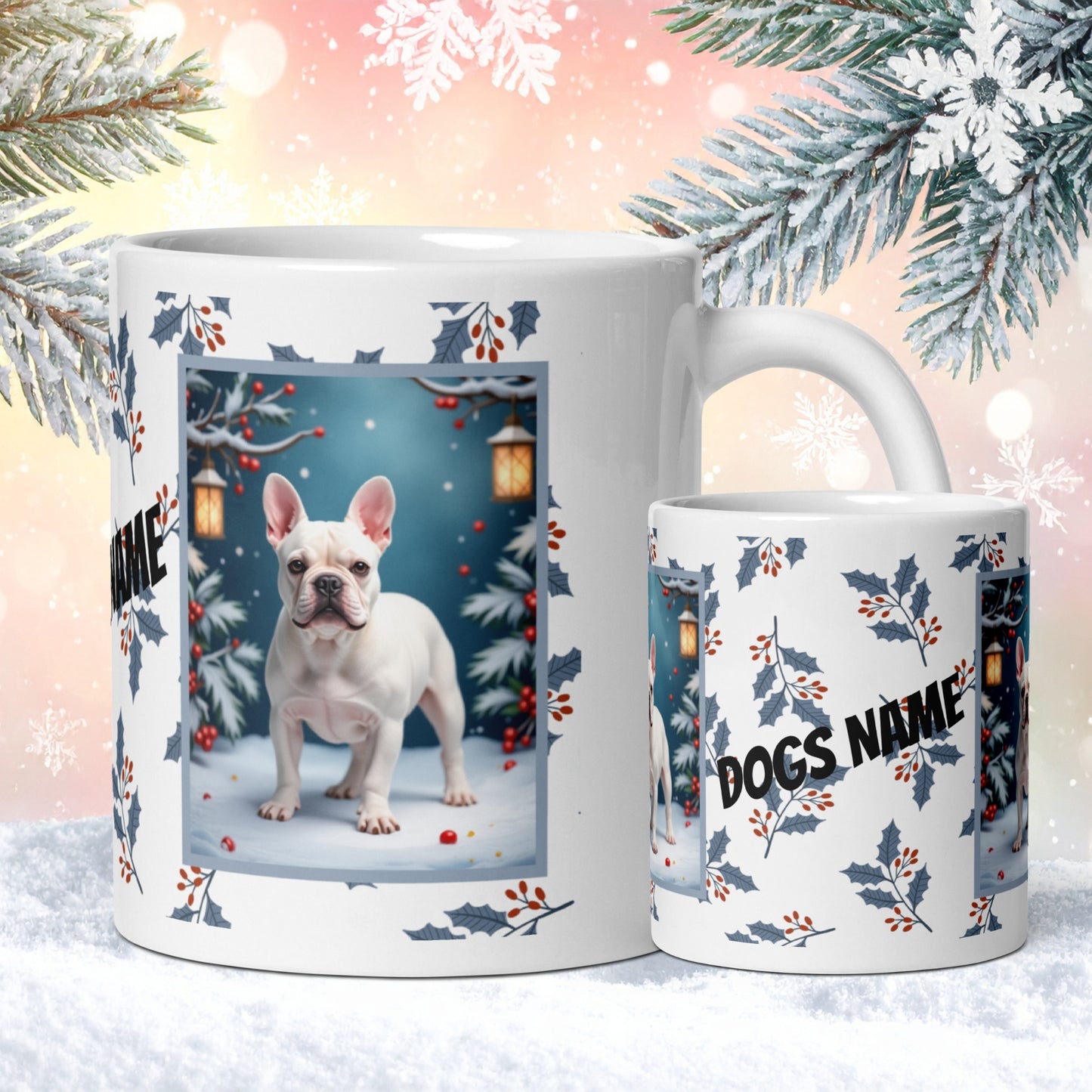 French Bulldog (White) Winter Mug - white French Bulldog illustrated standing in a crisp winter scene with soft snow