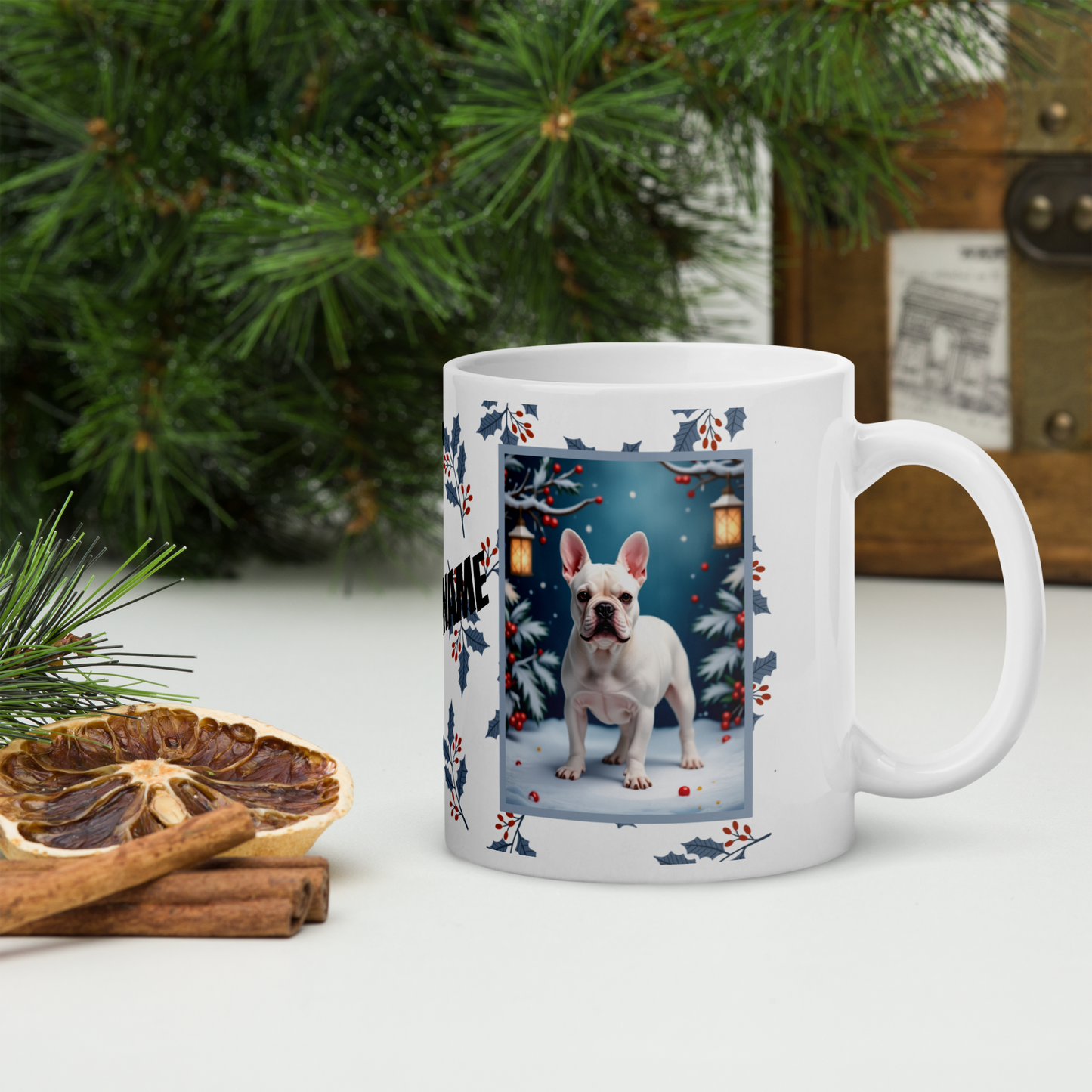 French Bulldog (White) Winter Mug - white French Bulldog illustrated standing in a crisp winter scene with soft snow