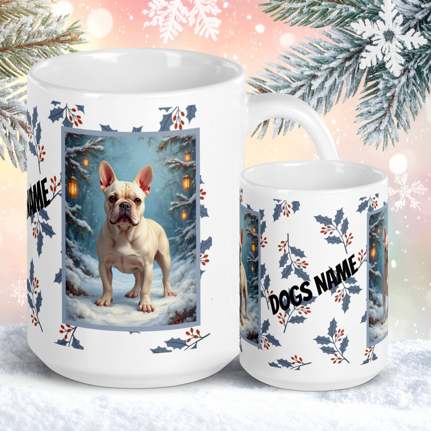 French Bulldog (Cream) Winter Mug - cream French Bulldog artwork standing in a bright winter setting with soft snowy details