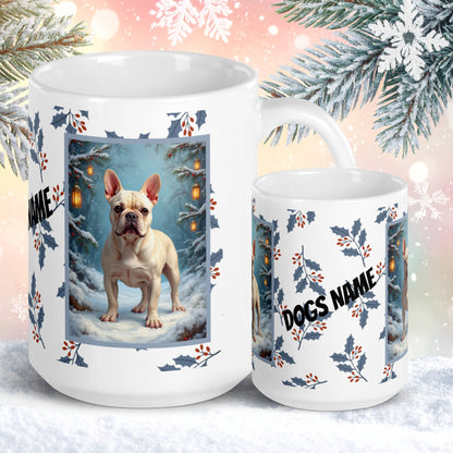 French Bulldog (Cream) Winter Mug - cream French Bulldog artwork standing in a bright winter setting with soft snowy details