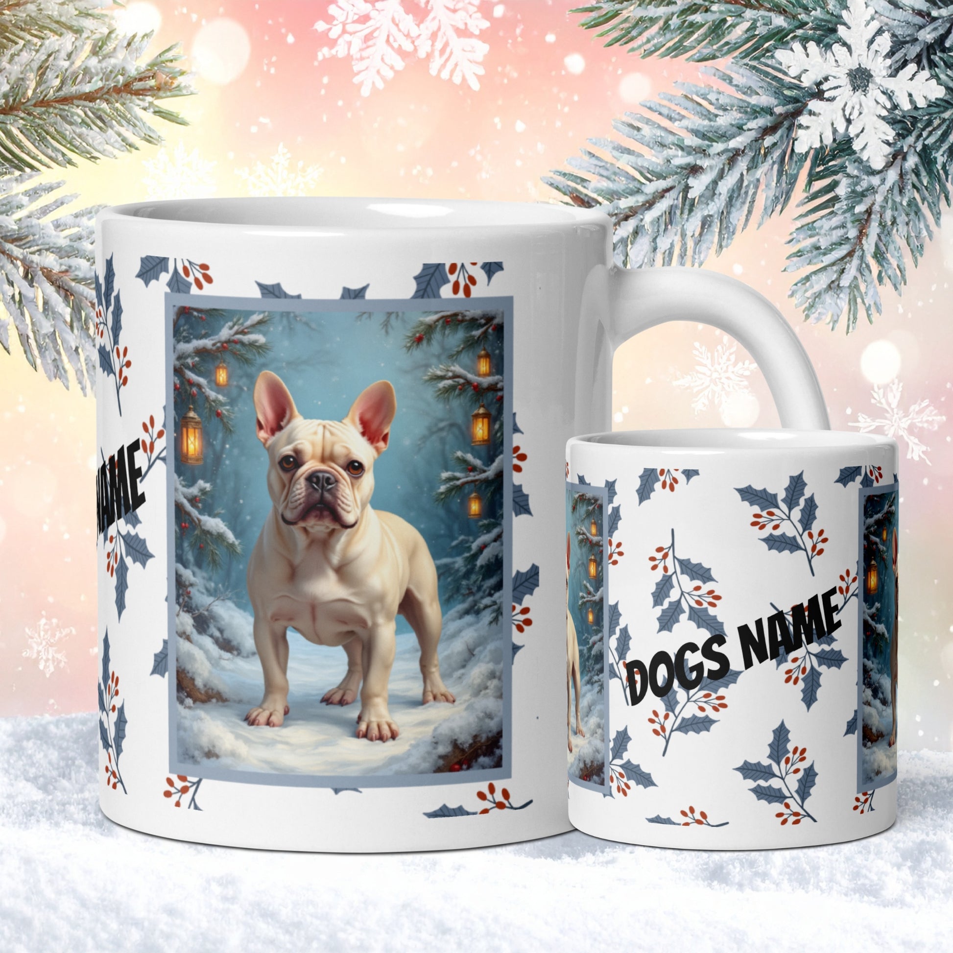 French Bulldog (Cream) Winter Mug - cream French Bulldog artwork standing in a bright winter setting with soft snowy details