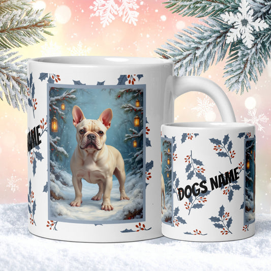 French Bulldog (Cream) Winter Mug - cream French Bulldog artwork standing in a bright winter setting with soft snowy details