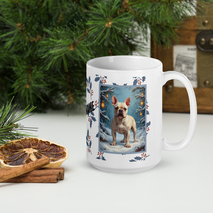 French Bulldog (Cream) Winter Mug - cream French Bulldog artwork standing in a bright winter setting with soft snowy details