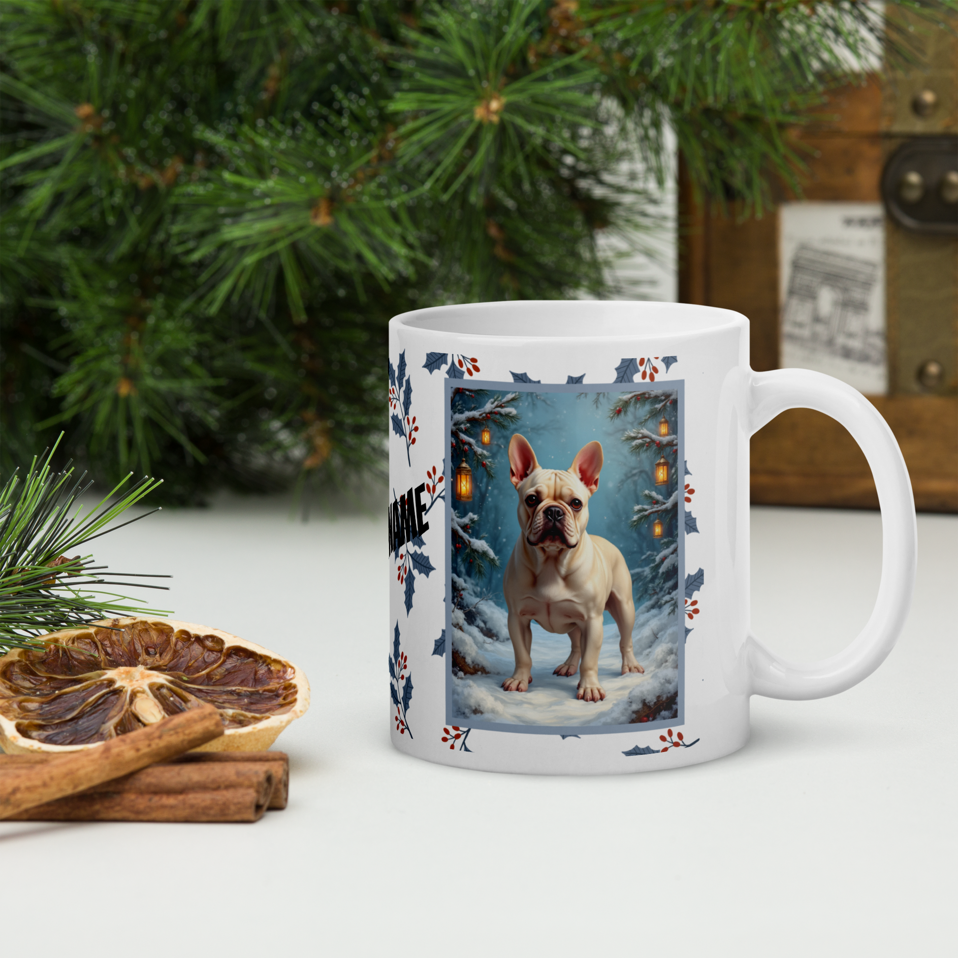 French Bulldog (Cream) Winter Mug - cream French Bulldog artwork standing in a bright winter setting with soft snowy details