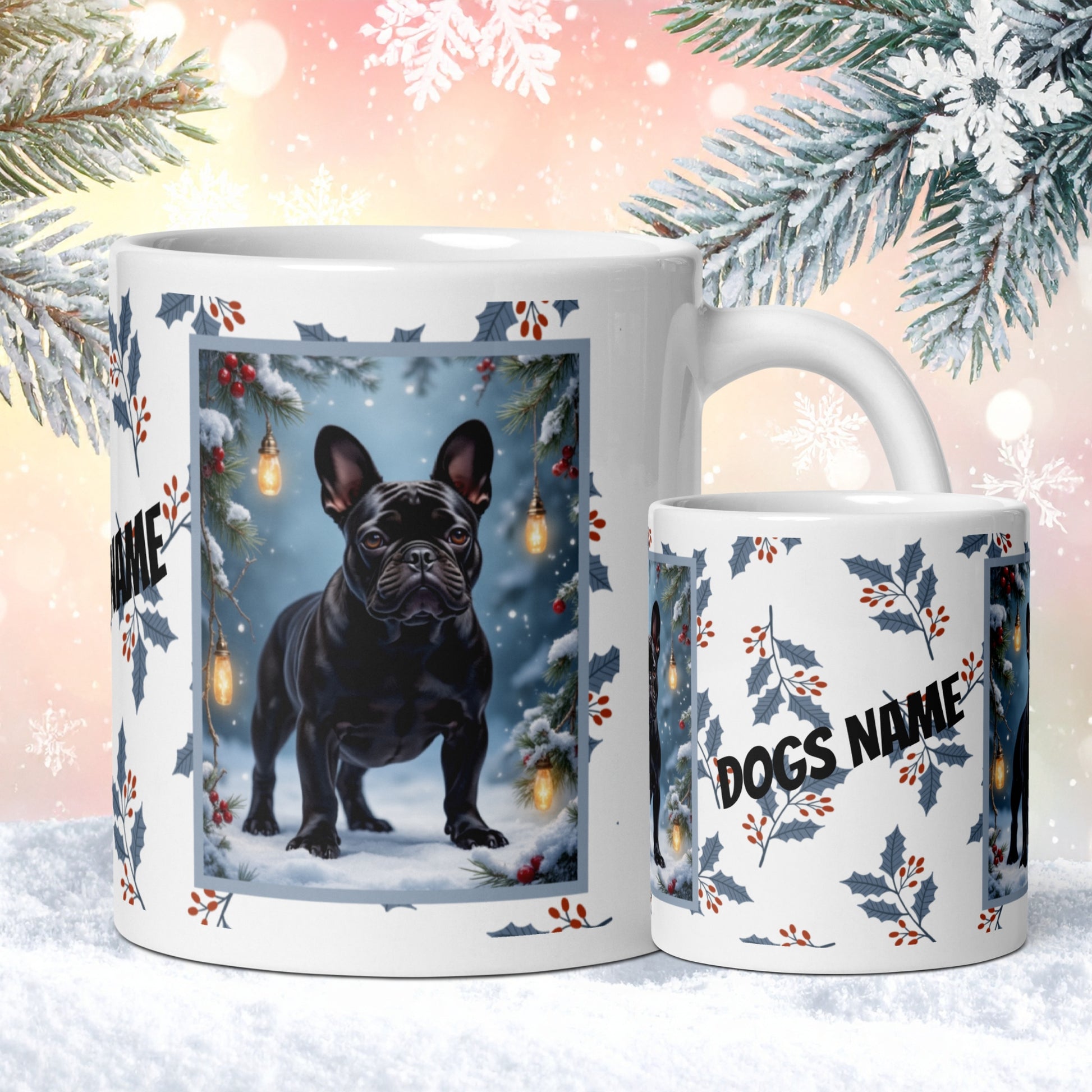 French Bulldog (Black) Winter Mug - black French Bulldog illustrated standing in a cozy winter scene with snow and pine accents