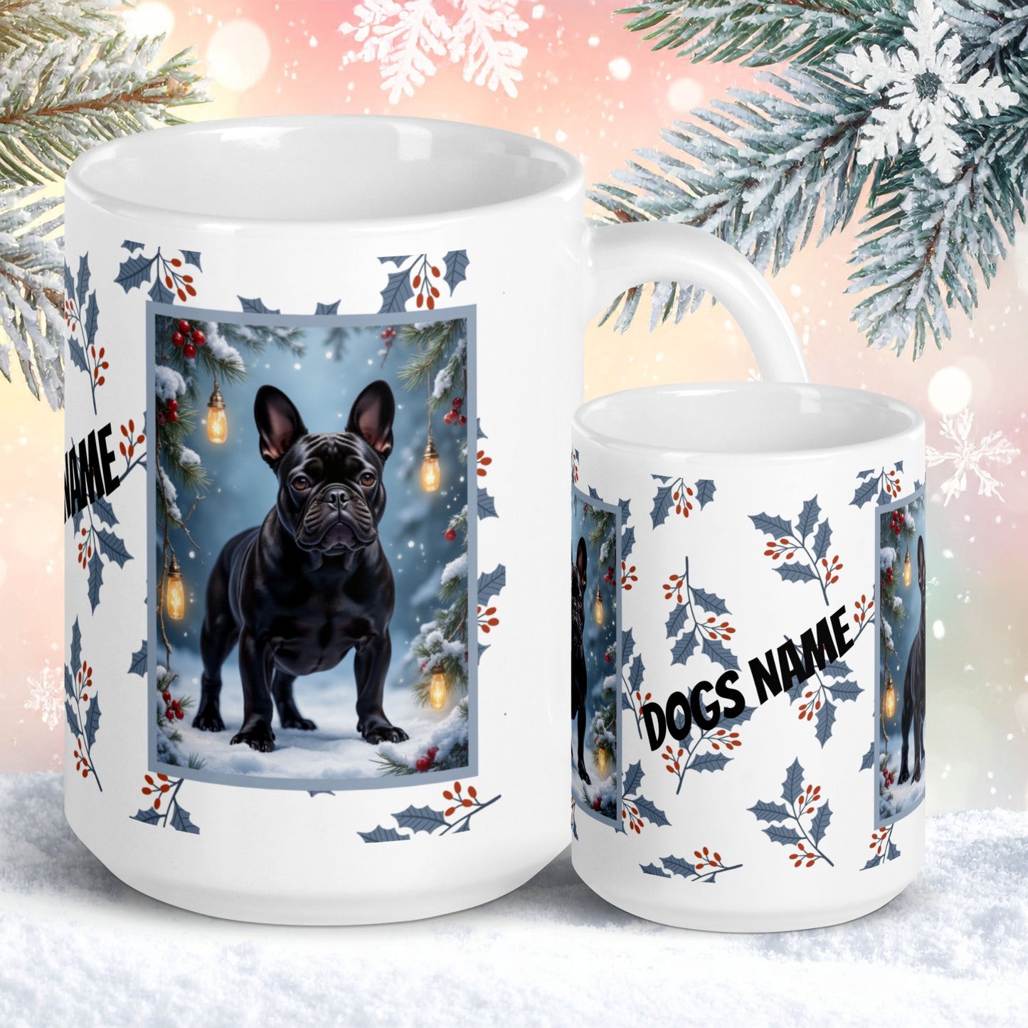 French Bulldog (Black) Winter Mug - black French Bulldog illustrated standing in a cozy winter scene with snow and pine accents