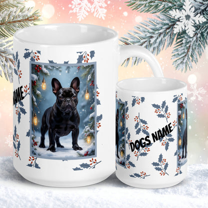 French Bulldog (Black) Winter Mug - black French Bulldog illustrated standing in a cozy winter scene with snow and pine accents