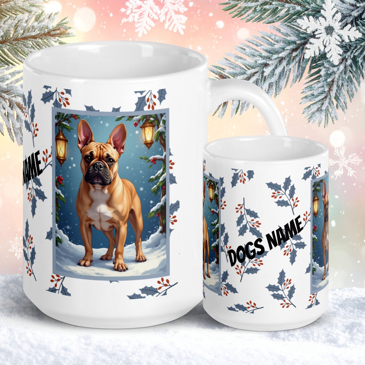French Bulldog (Fawn) Winter Mug - fawn French Bulldog illustrated standing in a festive winter scene with pine branches