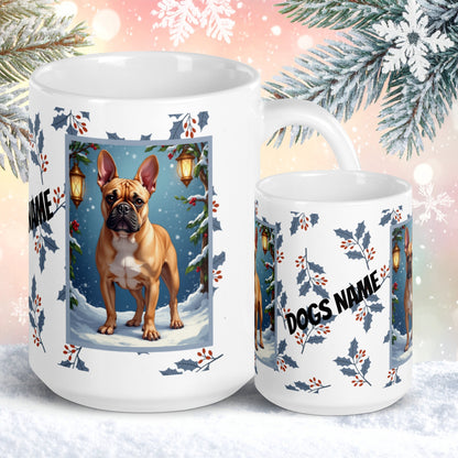 French Bulldog (Fawn) Winter Mug - fawn French Bulldog illustrated standing in a festive winter scene with pine branches