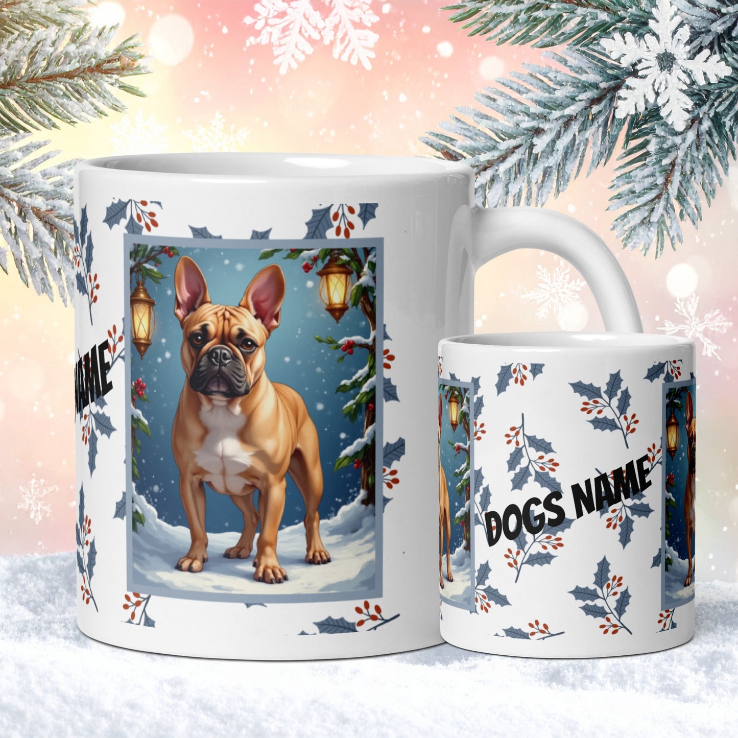 French Bulldog (Fawn) Winter Mug - fawn French Bulldog illustrated standing in a festive winter scene with pine branches