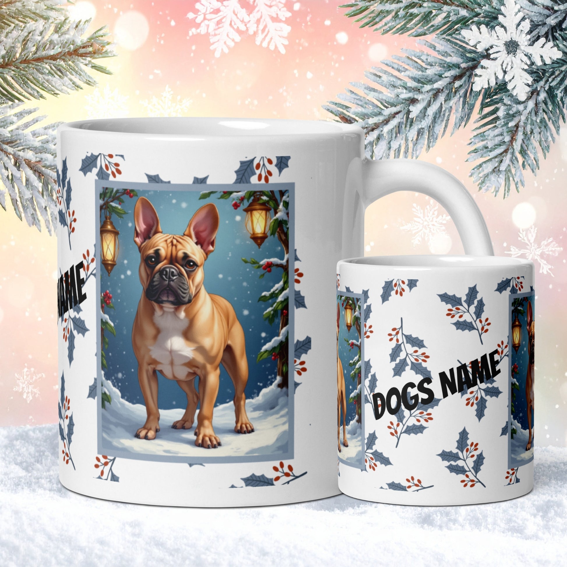 French Bulldog (Fawn) Winter Mug - fawn French Bulldog illustrated standing in a festive winter scene with pine branches
