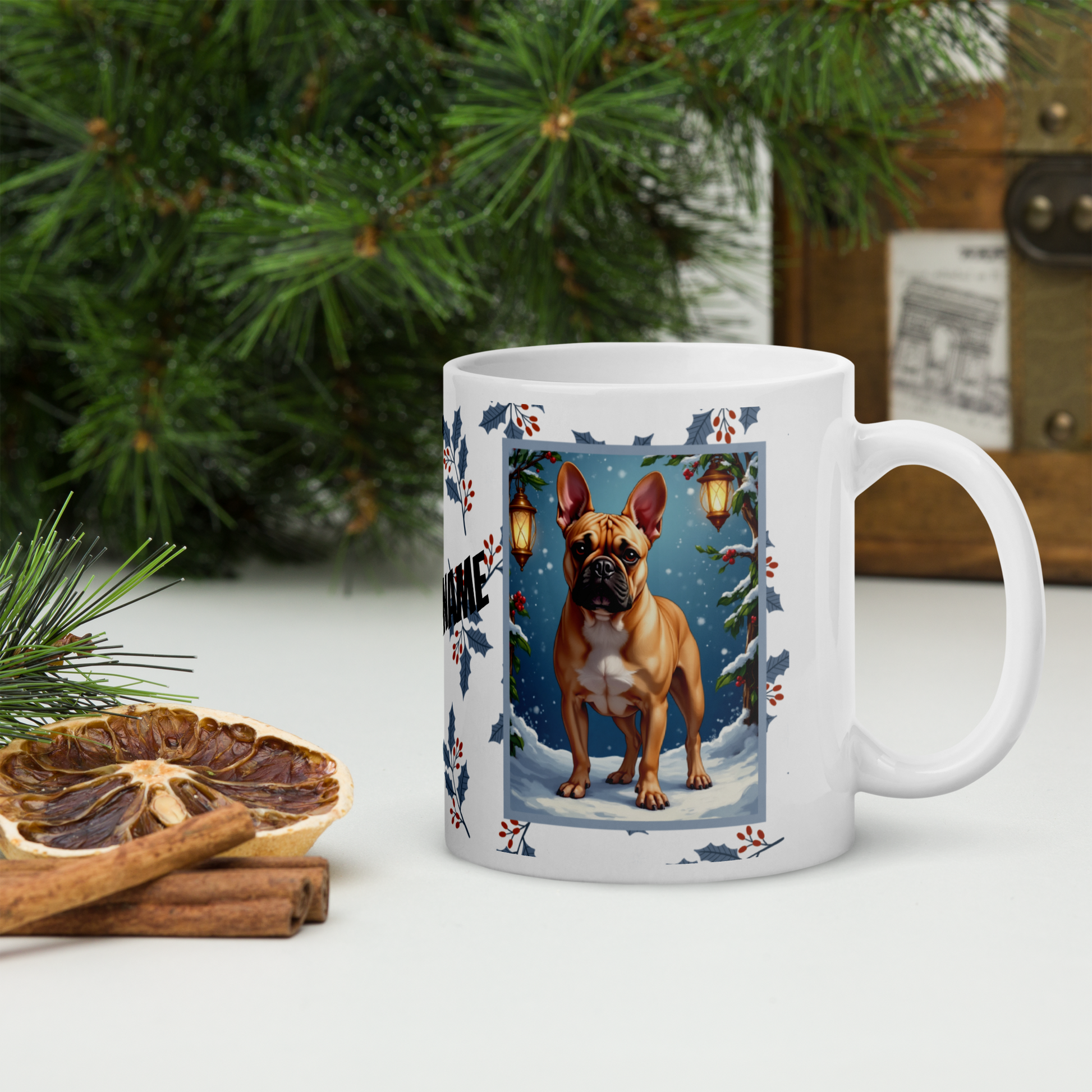French Bulldog (Fawn) Winter Mug - fawn French Bulldog illustrated standing in a festive winter scene with pine branches