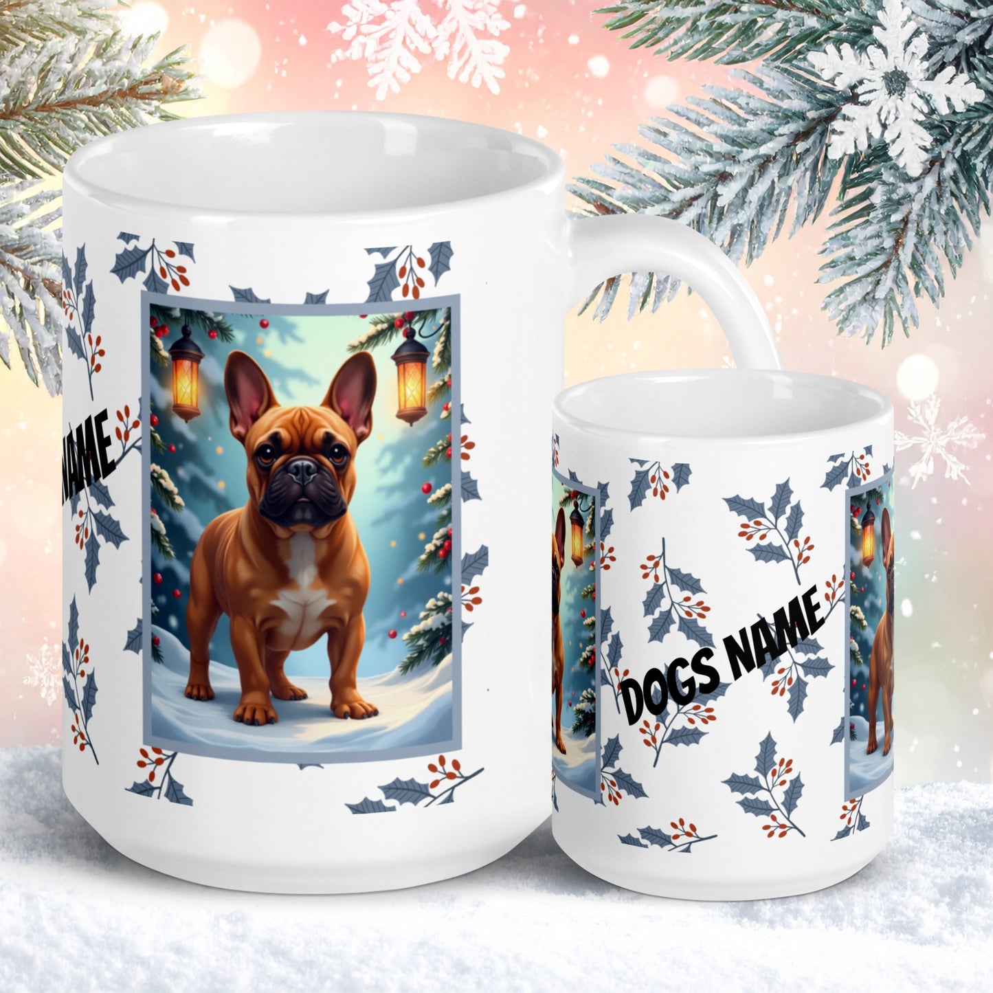 French Bulldog (Red Fawn) Winter Mug - red fawn French Bulldog artwork standing in a winter setting with snowy background