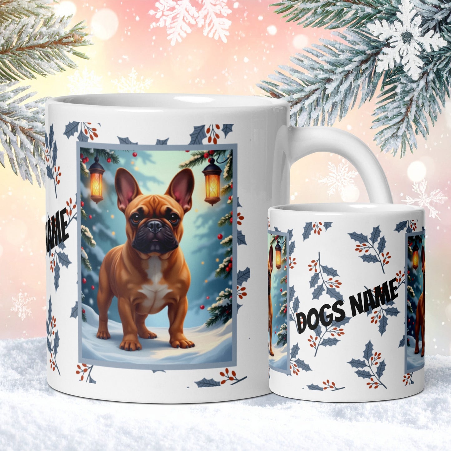 French Bulldog (Red Fawn) Winter Mug - red fawn French Bulldog artwork standing in a winter setting with snowy background