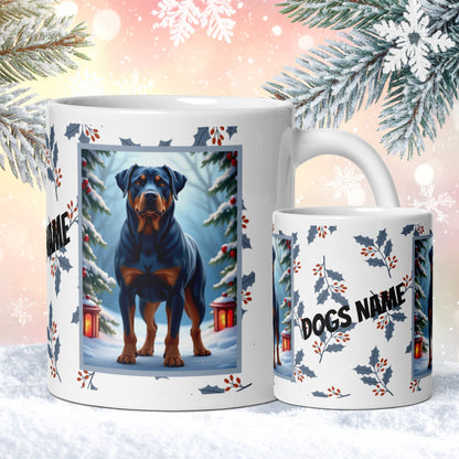 Rottweiler (Blue) Winter Mug - blue rottweiler illustrated standing confidently in a winter setting with snow