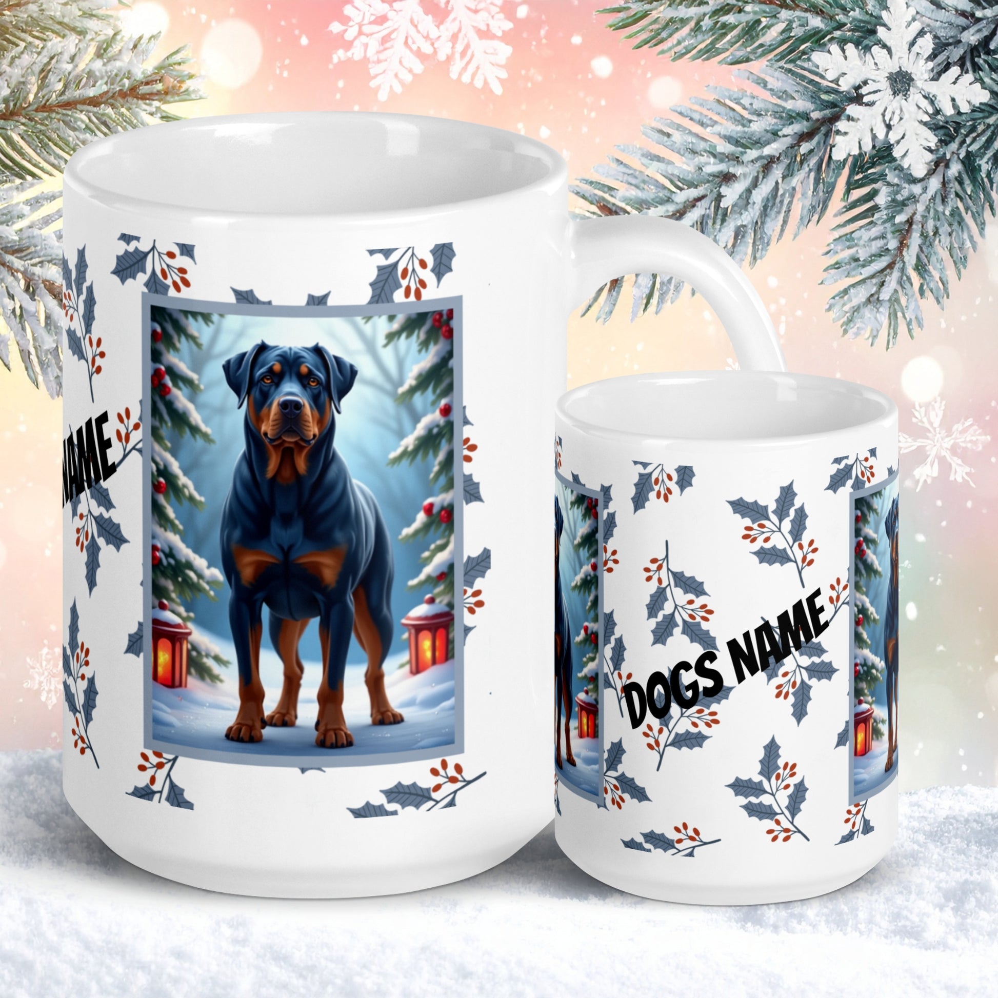 Rottweiler (Blue) Winter Mug - blue rottweiler illustrated standing confidently in a winter setting with snow