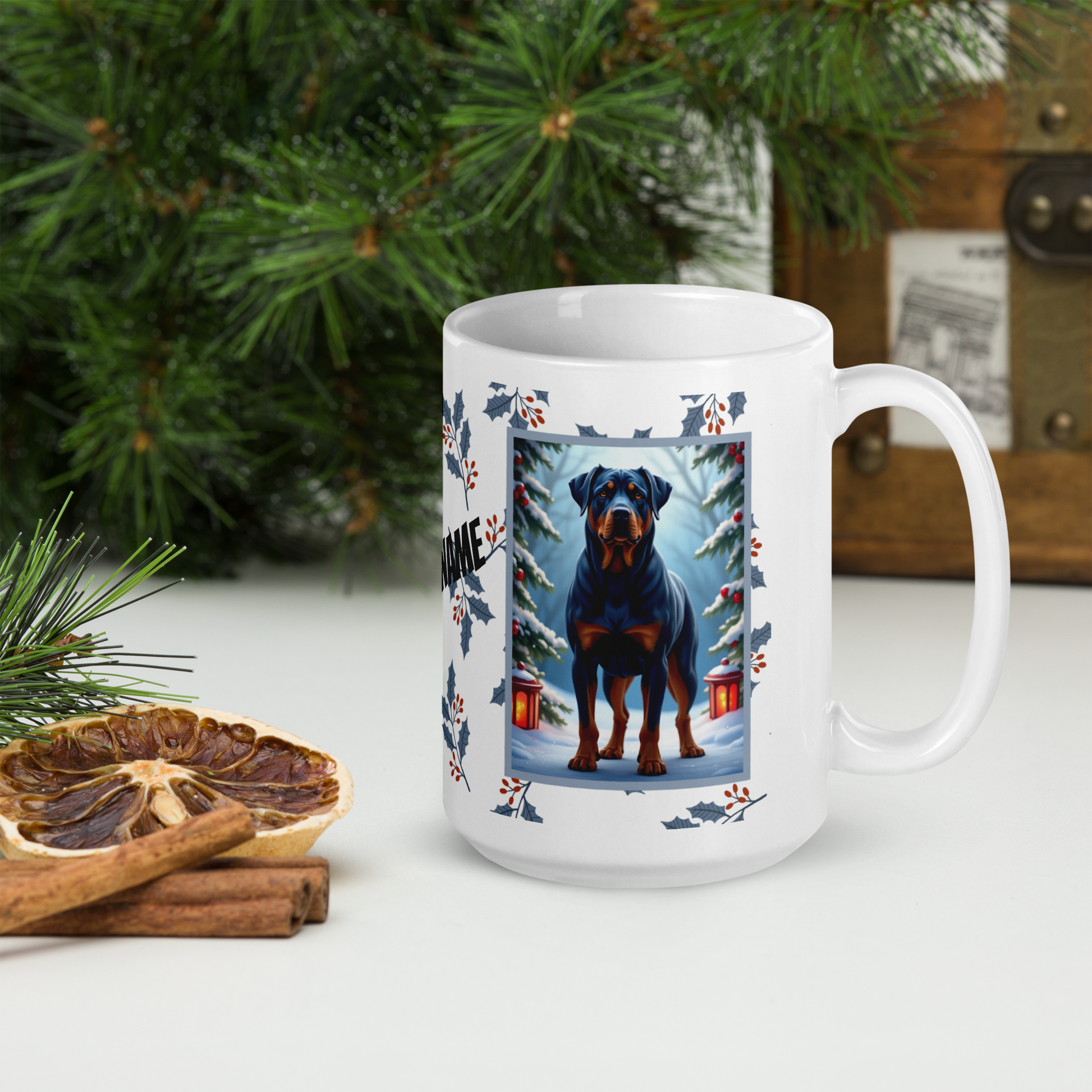 Rottweiler (Blue) Winter Mug - blue rottweiler illustrated standing confidently in a winter setting with snow