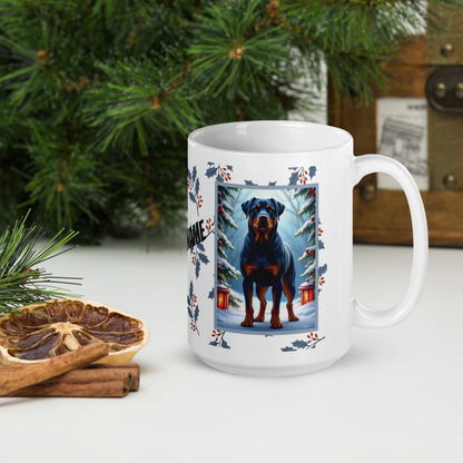 Rottweiler (Blue) Winter Mug - blue rottweiler illustrated standing confidently in a winter setting with snow