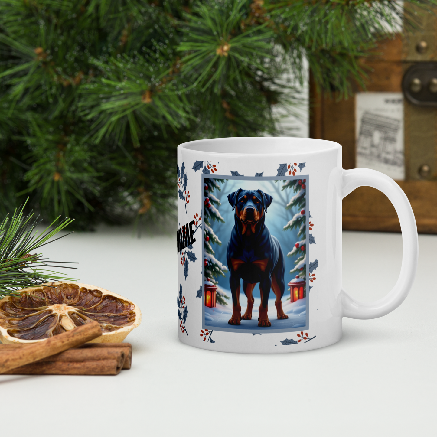 Rottweiler (Blue) Winter Mug - blue rottweiler illustrated standing confidently in a winter setting with snow