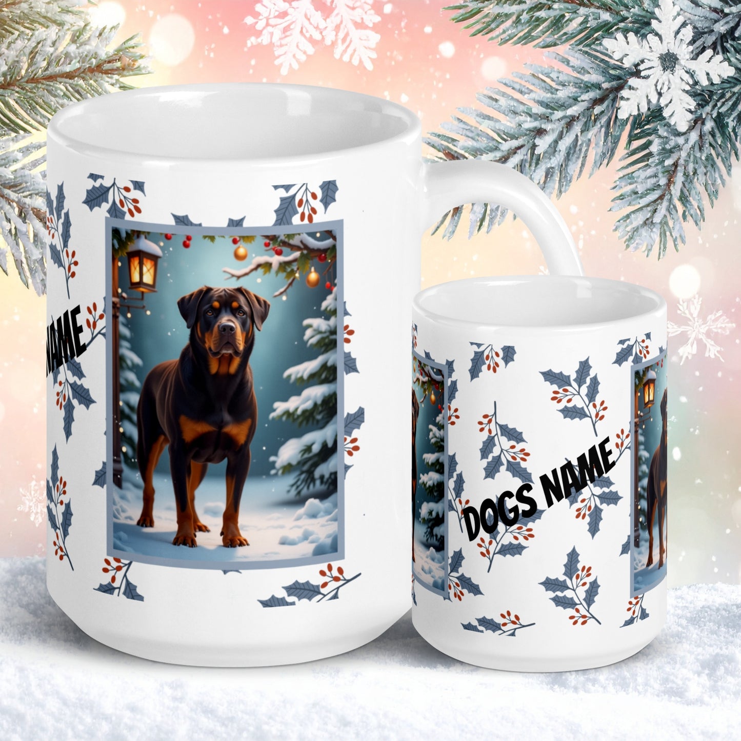 Rottweiler (Chocolate) Winter Mug - chocolate rottweiler artwork standing in a cozy winter scene with snowy background