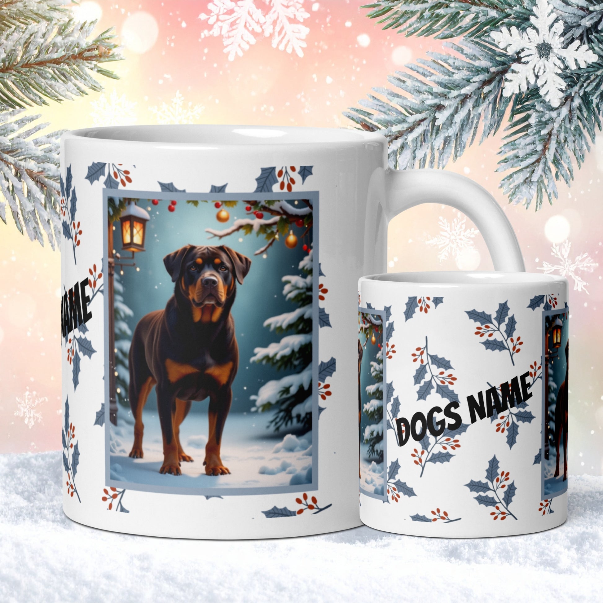 Rottweiler (Chocolate) Winter Mug - chocolate rottweiler artwork standing in a cozy winter scene with snowy background