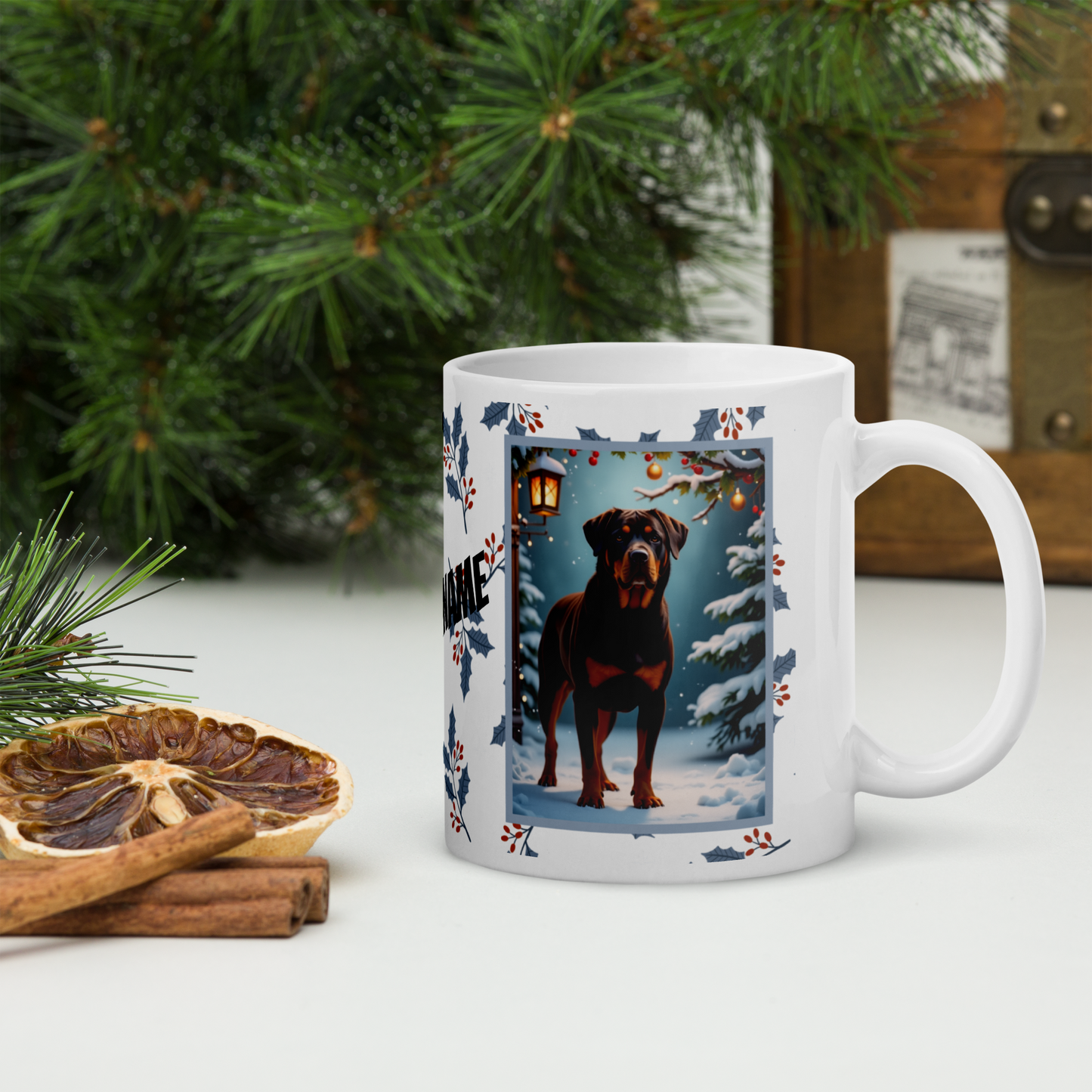 Rottweiler (Chocolate) Winter Mug - chocolate rottweiler artwork standing in a cozy winter scene with snowy background