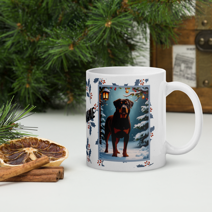 Rottweiler (Chocolate) Winter Mug - chocolate rottweiler artwork standing in a cozy winter scene with snowy background