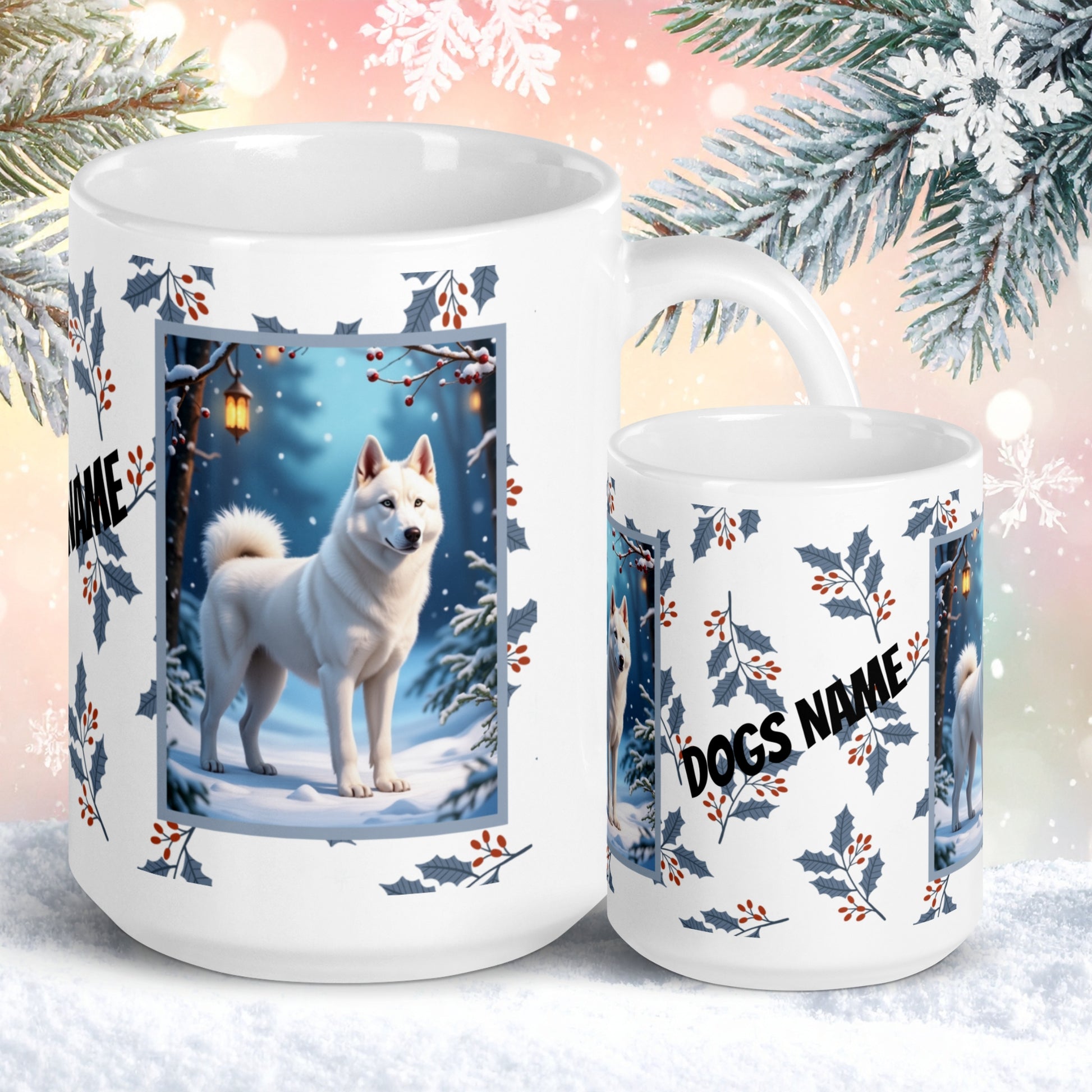 Husky (White) Winter Mug - white husky illustrated standing in a peaceful winter scene with snowy landscape