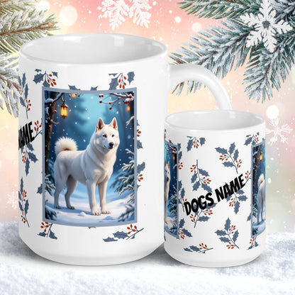 Husky (White) Winter Mug - white husky illustrated standing in a peaceful winter scene with snowy landscape