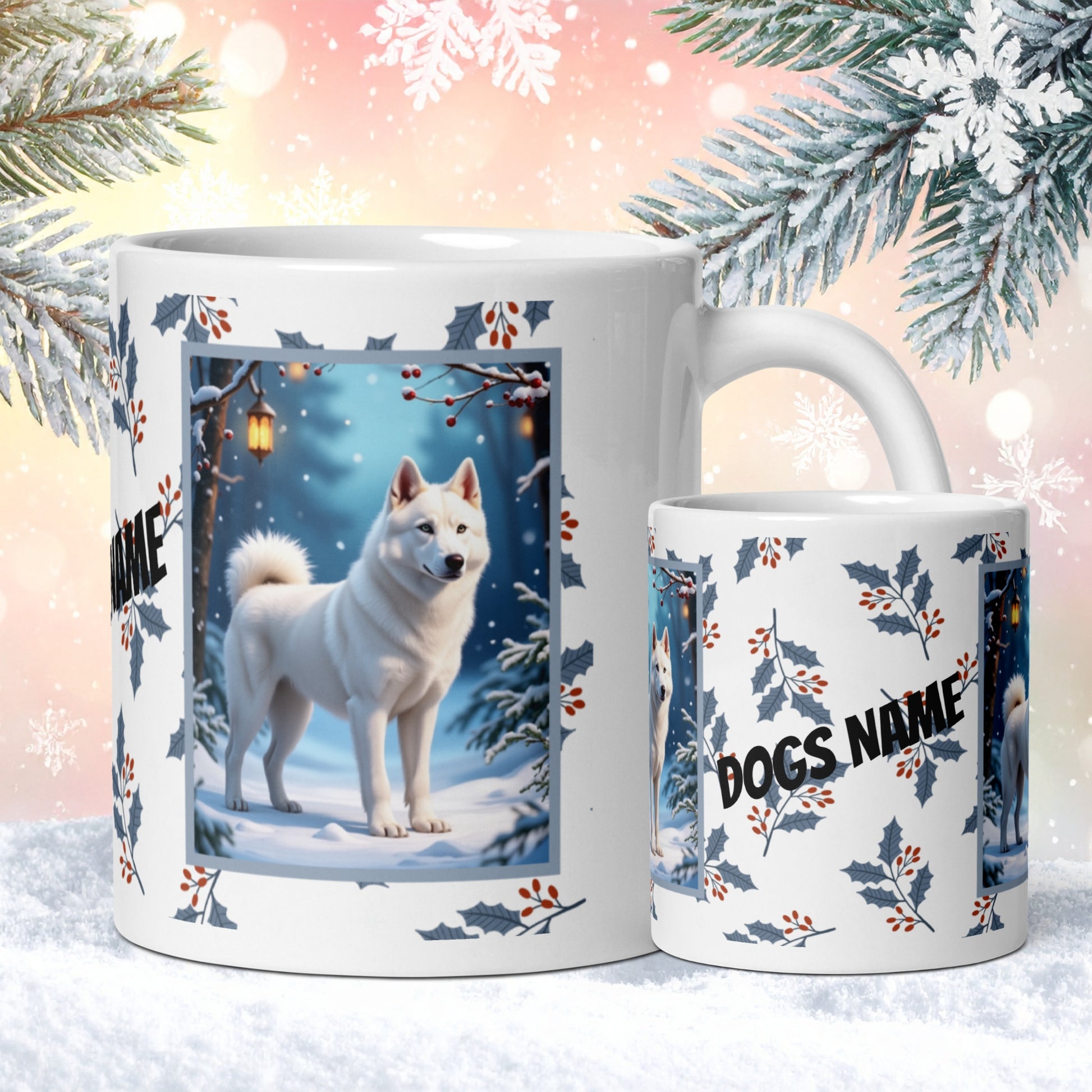 Husky (White) Winter Mug - white husky illustrated standing in a peaceful winter scene with snowy landscape