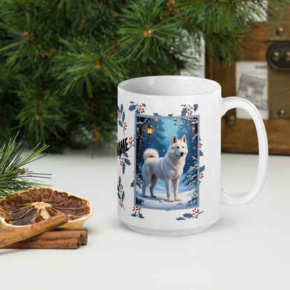 Husky (White) Winter Mug - white husky illustrated standing in a peaceful winter scene with snowy landscape
